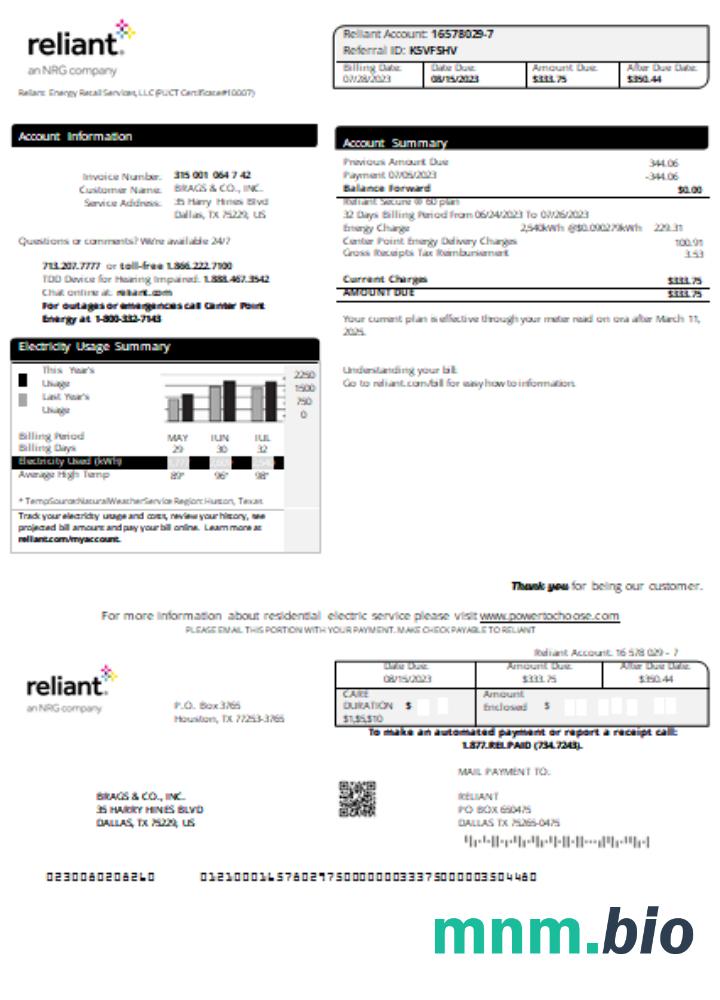 Reliant Energy rachunek za usługi komunalne